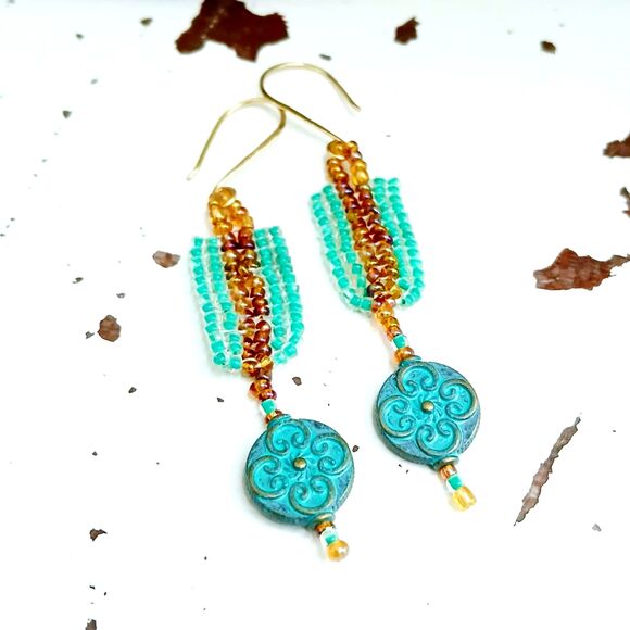 Boho Chic Seed Bead Dangle Earrings, Hammered Earrings, Statement Jewelry 3.25" - Picture 1 of 8